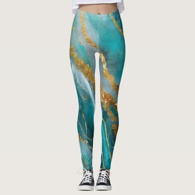 Marbleized Teal Gold Elegant  Leggings (Front)