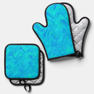 Marbling Blue Green Pattern Oven Mitt & Pot Holder Set