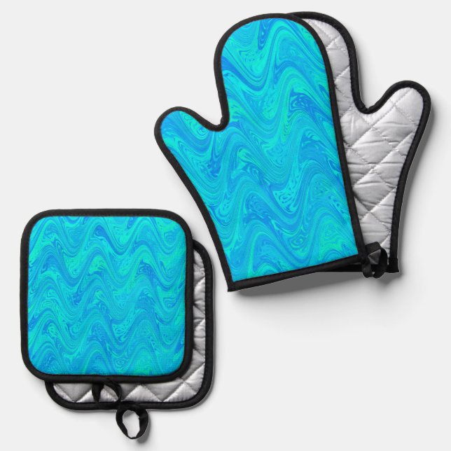 Marbling Blue Green Pattern Oven Mitt & Pot Holder Set (Front/Back)