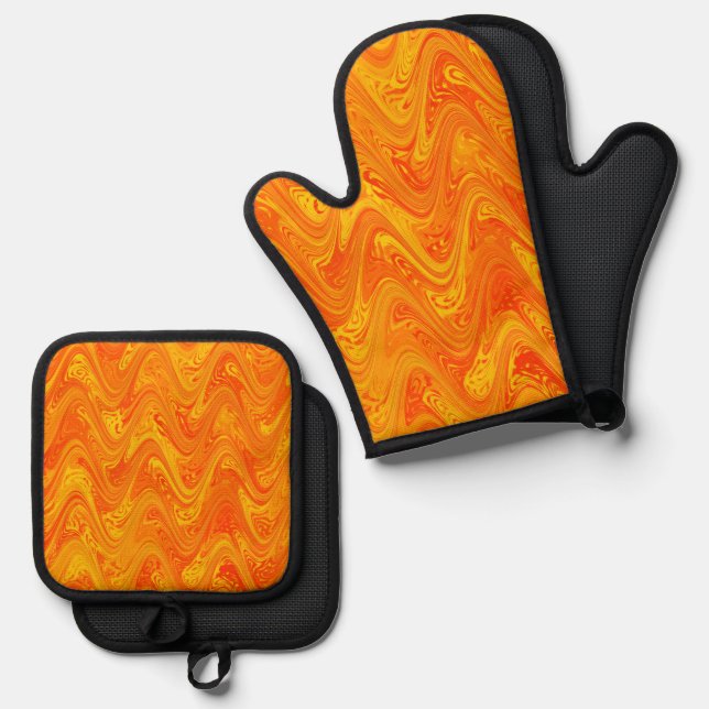 Marbling Orange Yellow Red Pattern Oven Mitt & Pot Holder Set (Front/Back)