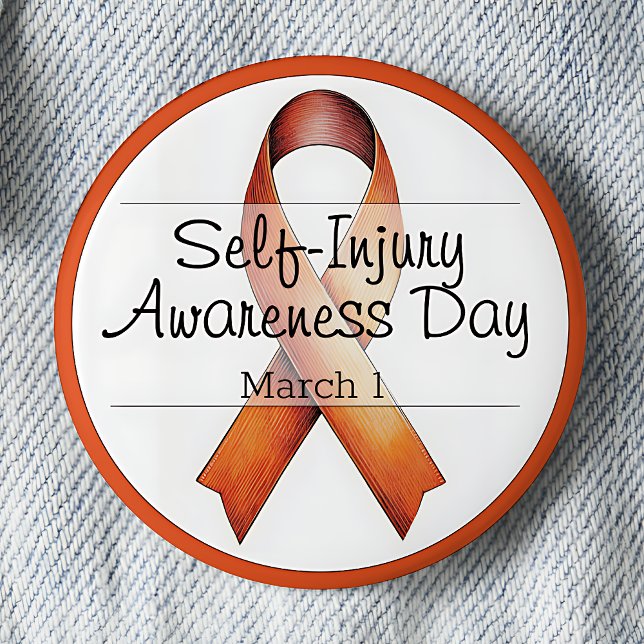 March 1 Self-Injury Awareness Day Button (Self-Injury Awareness Day.  March 1. Orange Awareness Ribbon. Pinback button.)