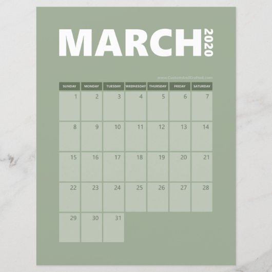 March 2020 Calendar (Front)
