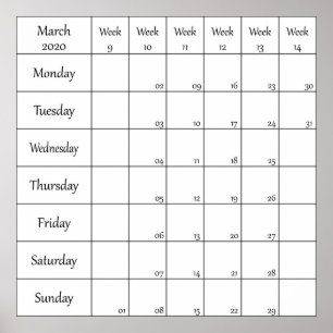 march 2020 planner calendar with week number poster