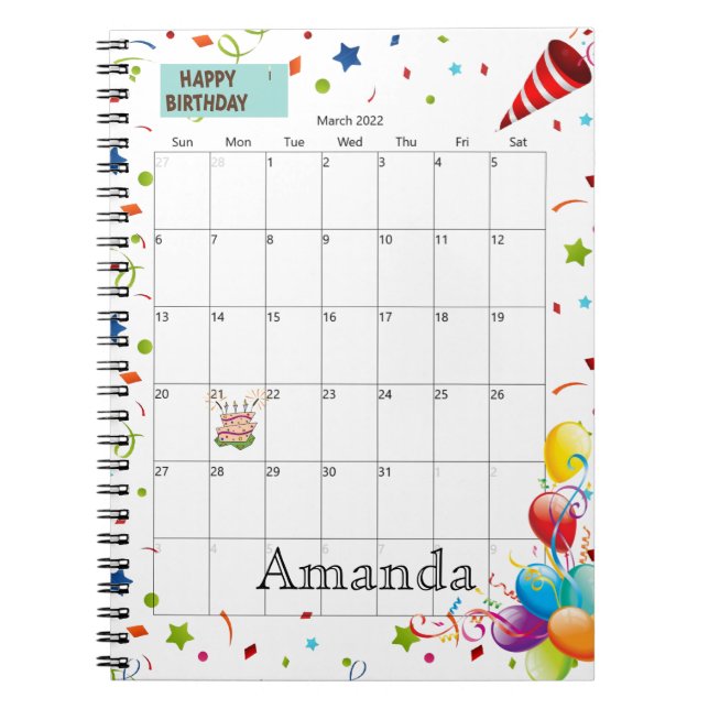March 2022 Calendar Happy Birthday Notebook (Front)