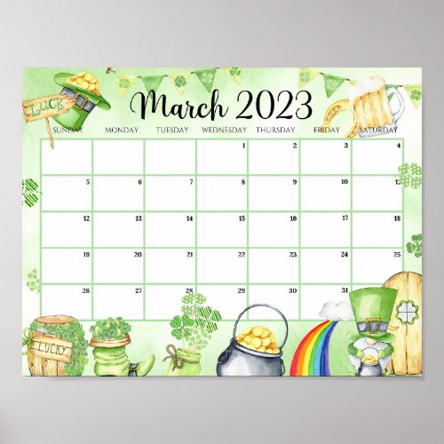 March 2023 Green Printable Calendar Poster