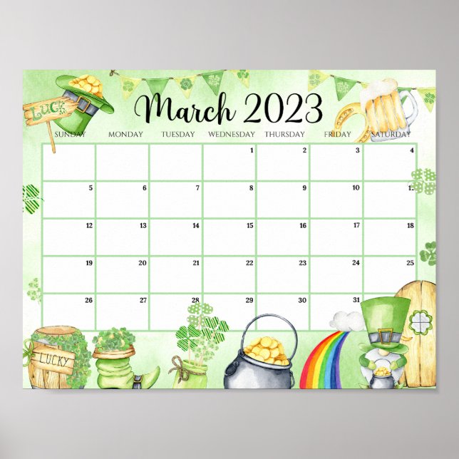 March 2023 Green Printable Calendar Poster (Front)