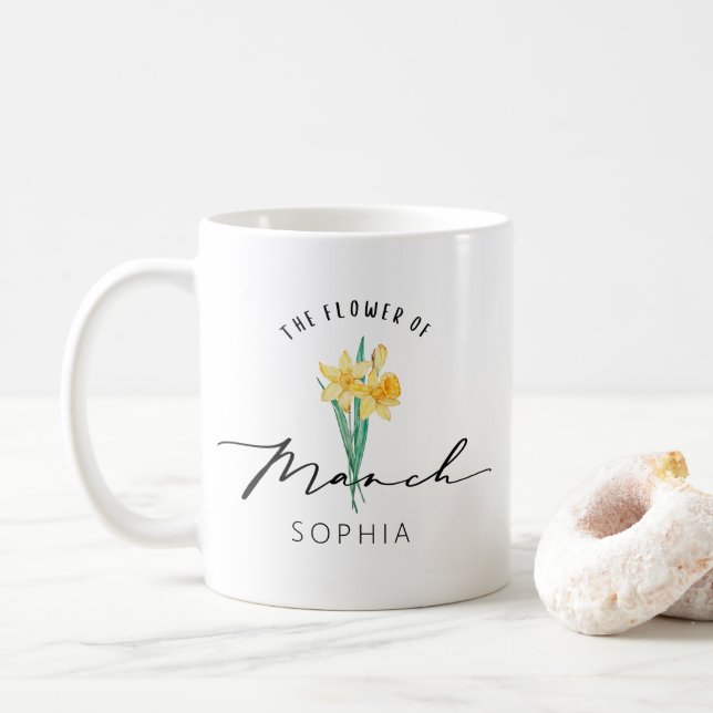 March birth flower customisable birthday gift coffee mug (With Donut)