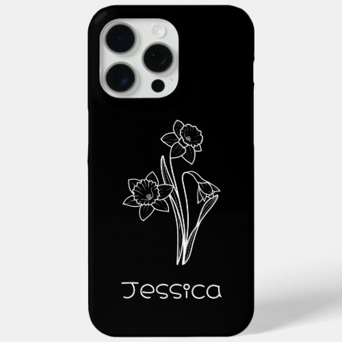 March Birth Flower Daffodil Black Minimal Name iPhone 15 Pro Max Case