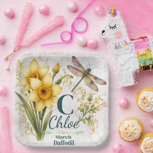 March Birth Flower Daffodil Monogram Dragonfly Tot Paper Plates