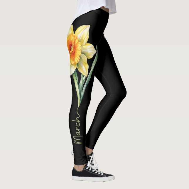 March Birth Flower, Yellow Daffodil on Black Leggings (Right)