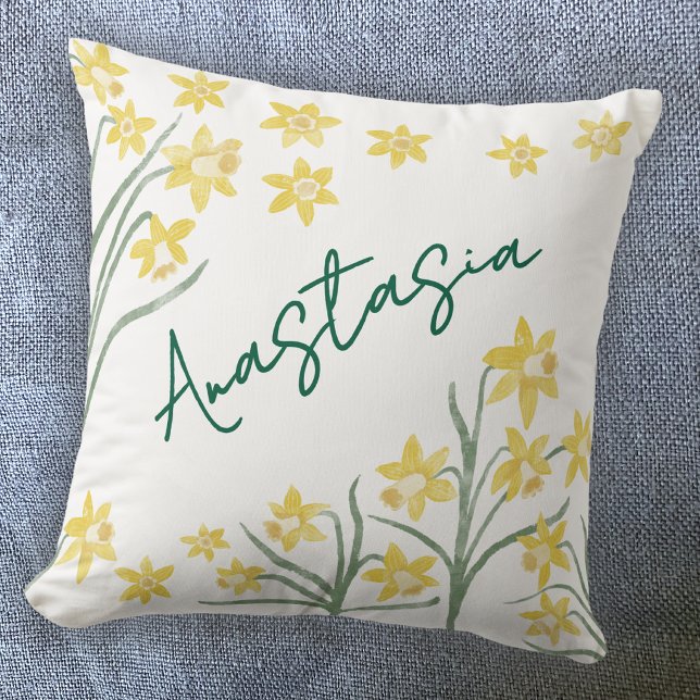 March Birth Month Daffodil Personalized Throw Pillow (March Birth Month Flower daffodil personalized custom name script font watercolor birthday pillow)