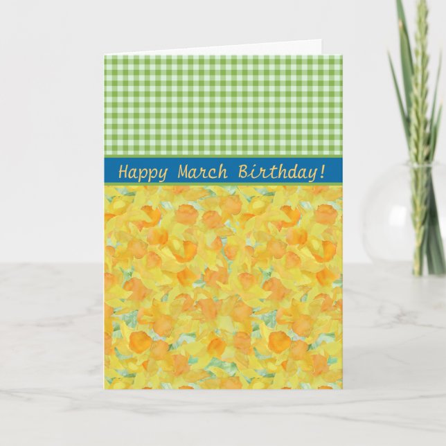 March Birthday Card, Daffodils and Check Gingham Card (Front)