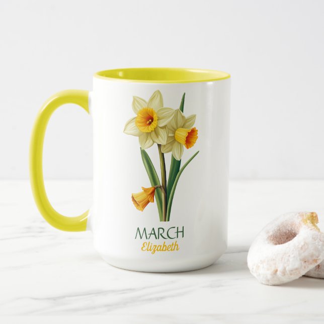 March Birthday Daffodil Birth Flower Personalized  Mug (With Donut)