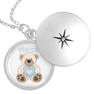 March Birthstone Bear silver plated locket