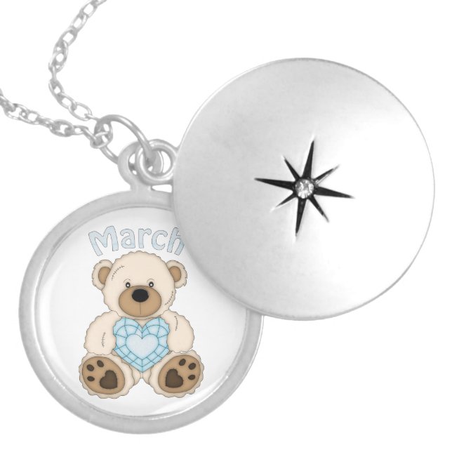 March Birthstone Bear silver plated locket (Front)