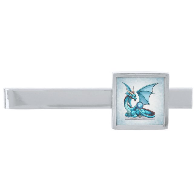 March Birthstone Dragon: Aquamarine Silver Finish Tie Bar (Front)