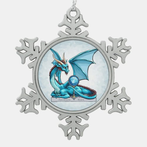 March Birthstone Dragon Aquamarine Snowflake Pewter Christmas Ornament