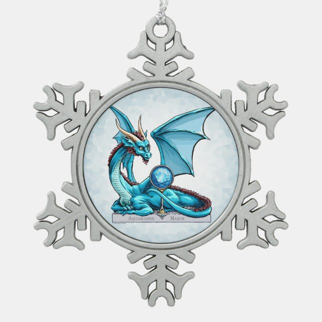 March Birthstone Dragon: Aquamarine Snowflake Pewter Christmas Ornament (Front)