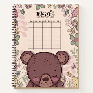 March Calendar Cute Bear Animal Flora Abstract Notebook