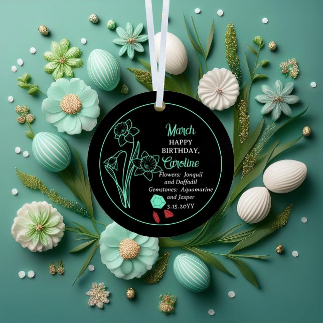 March Daffodil | Aquamarine Birthday Keepsake Metal Ornament (March Daffodil Aquamarine Birthday Keepsake Metal Two-Sided Ornament)