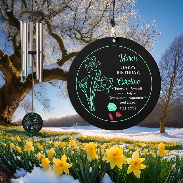 March Daffodil | Aquamarine Birthday Keepsake Wind Chime (March Daffodils | Jonquils Floral and Aquamarine and Jasper Gemstones Birthday Keepsake Wind Chime)