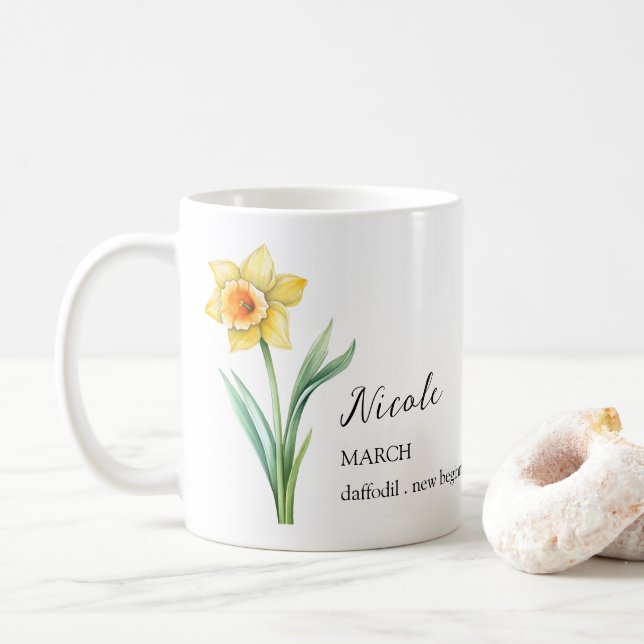 MARCH DAFFODIL BIRTH FLOWER MONTH NAME GIFT COFFEE MUG (With Donut)