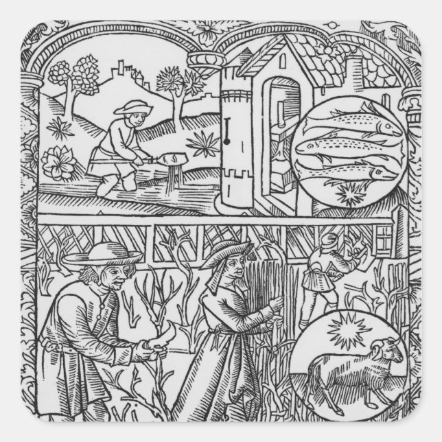 March, fishing and pruning trees, Pisces Square Sticker (Front)