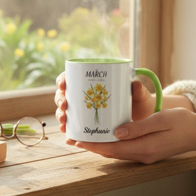March Floral Spring Nature Lover Birthday Mug (Cozy Botanical Daffodil – Personalized March Birthday mug)