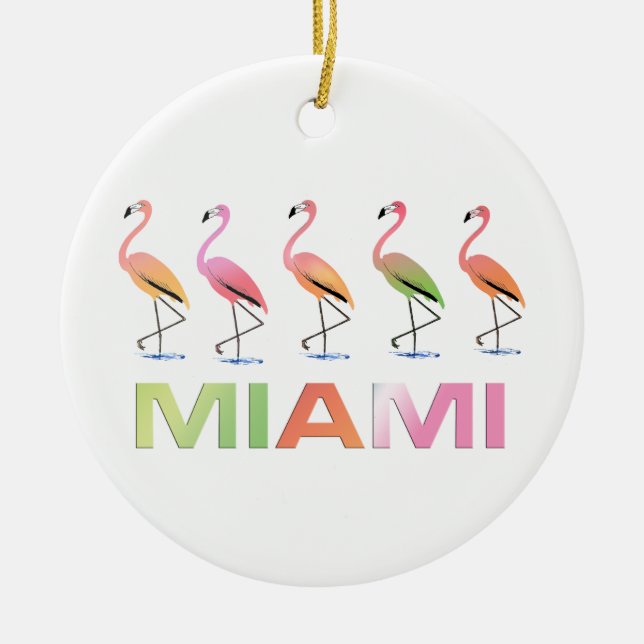 March of the Tropical Flamingos MIAMI Ceramic Ornament (Front)