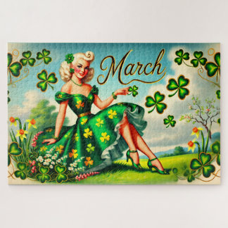 March Retro Pin-Up Girl St. Patrick's Day Jigsaw Puzzle