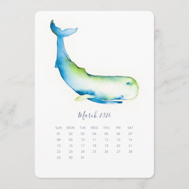 March Stand Alone Calendar Blue Whale (Front)