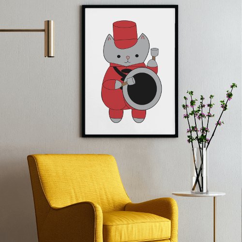 Marching Band Bass Drummer Cat Red and Black Poster