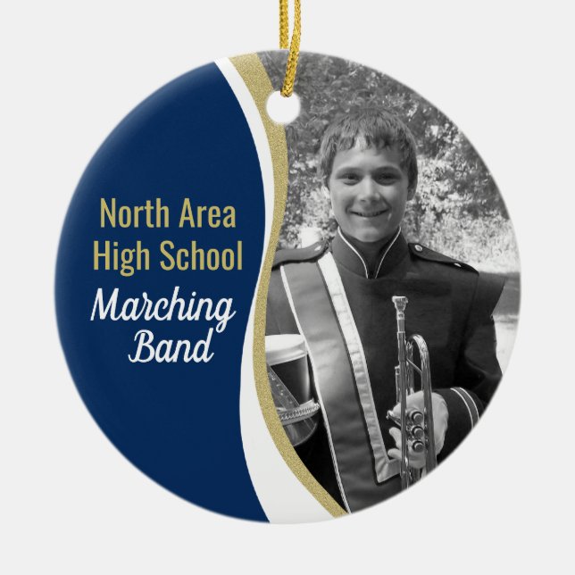 Marching Band Blue and Gold Photo Ceramic Ornament (Front)