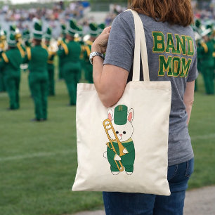 Marching Band Bunny Trombone Player Green Gold Tote Bag