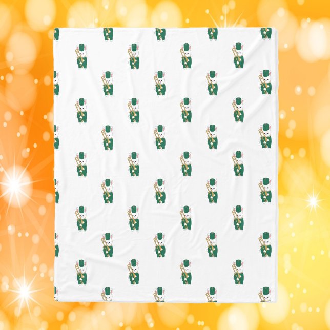 Marching Band Bunny with Trombone Green Gold Fleece Blanket (A fleece blanket with a pattern of white rabbits with trombones.)