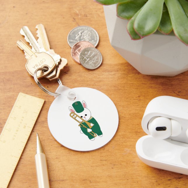Marching Band Bunny with Trombone Green Gold Keychain (Desk)