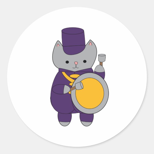 Marching Band Cat Bass Drummer Purple Yellow Gold Classic Round Sticker (Front)