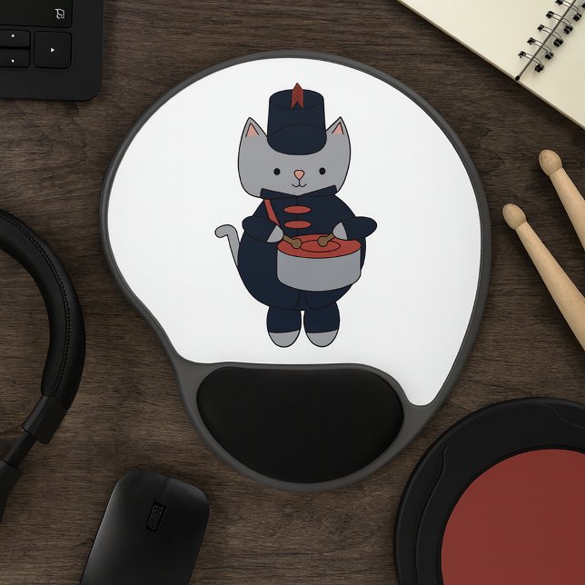 Marching Band Cat Drummer Navy Blue Red Gel Mouse Pad (A mouse pad featuring a gray cat playing the drums in a navy blue and red marching band uniform.)
