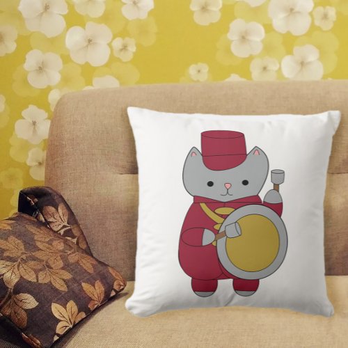 Marching Band Cat Drums Maroon and Gold Throw Pillow