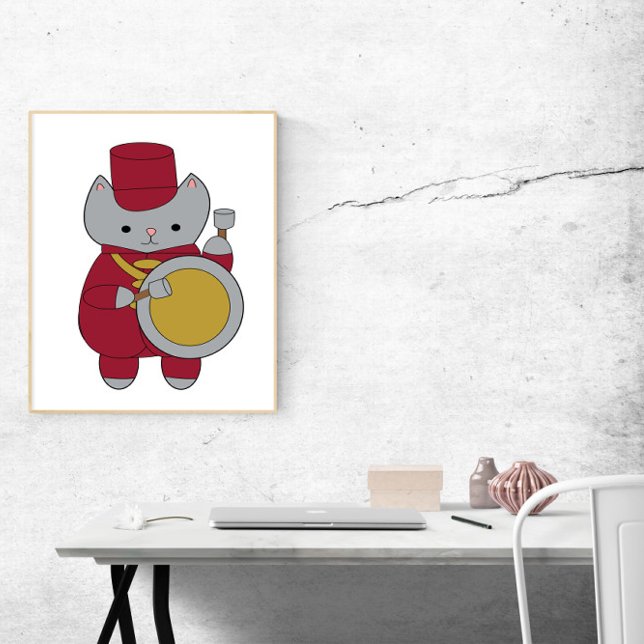 Marching Band Cat Maroon and Gold Poster (A poster featuring a bass drummer cat wearing a maroon and gold marching band uniform)