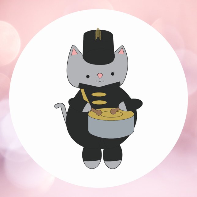 Marching Band Cat Snare Drum Black and Gold Classic Round Sticker (A sticker of a cat playing the snare drum in a black & gold marching band uniform.)