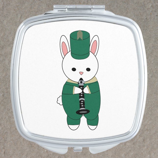 Marching Band Clarinet Rabbit Green Gold Compact Mirror (A compact mirror with a bunny playing the clarinet in a green & gold uniform.)