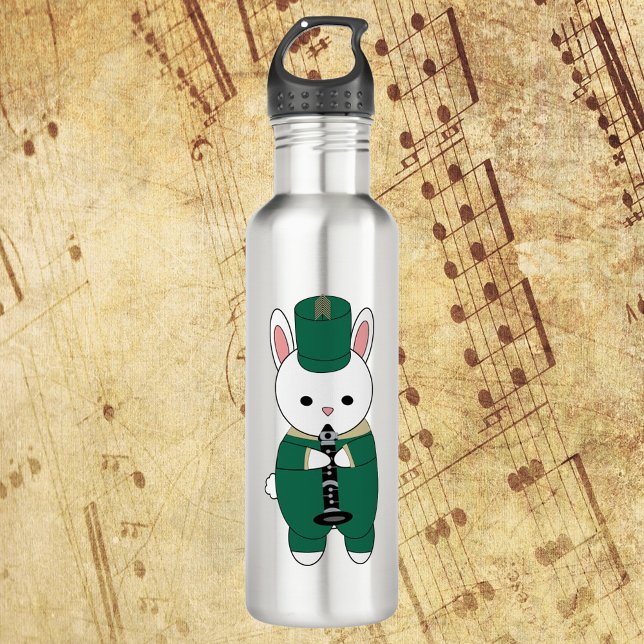 Marching Band Clarinet Rabbit Green Gold Stainless Steel Water Bottle (A water bottle with a rabbit playing clarinet wearing a green & gold marching band uniform.)