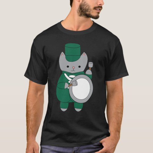 Marching Band Drummer Cat Animal Green White T_Shirt