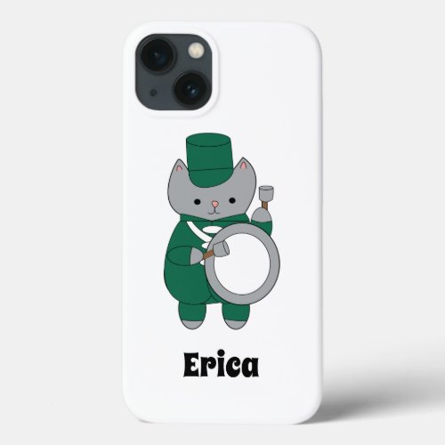 Marching Band  Drummer Cat Green White Personalize iPhone 13 Case