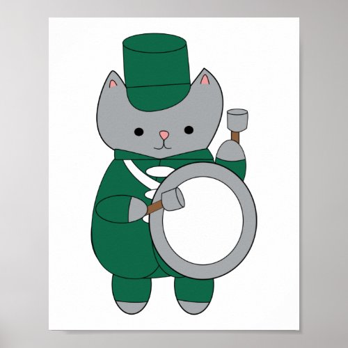Marching Band Drummer Cat Green White Poster