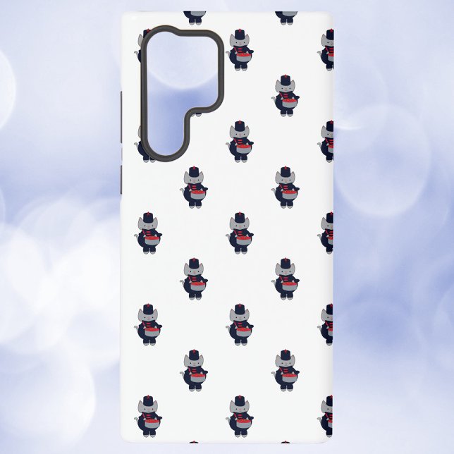 Marching Band Drummer Cat Navy Blue and Red Samsung Galaxy Case (A phone case with a pattern of gray cats playing the drums in navy blue & red marching band uniforms)