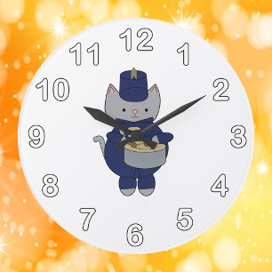 Marching Band Drummer Cat Navy Blue Gold Large Clock