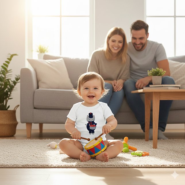 Marching Band Drummer Cat Navy Blue Red Baby Bodysuit (A baby body suit with a cat playing the drums in a navy blue and red marching band uniform.)