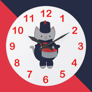 Marching Band Drummer Cat Navy Blue Red Large Clock